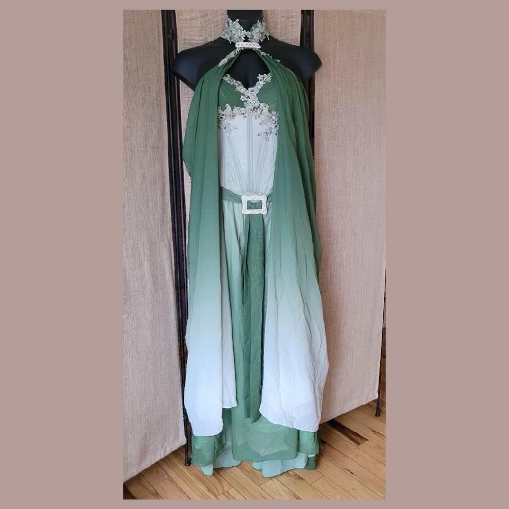 Fantasy Elves Victorian Prom Dress Wrap Cape Green Long Gown Lace Sequin Corset